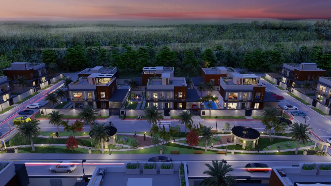 Landscaped residential community at dusk